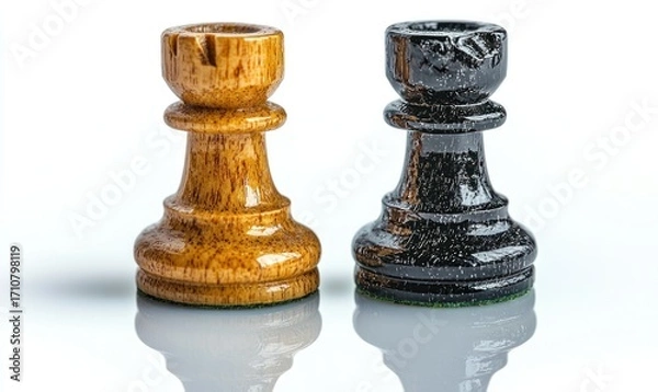 Fototapeta Two opposing chess pieces, light and dark, stand on a white surface