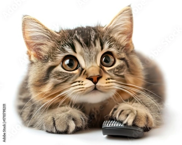 Fototapeta A curious kitten lying down, looking attentively at a small object