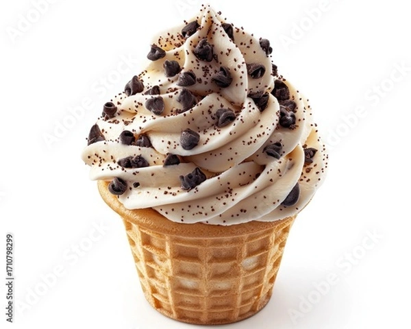 Fototapeta Creamy vanilla ice cream dessert in a waffle cone topped with chocolate chips