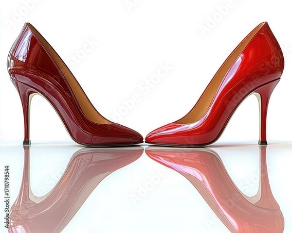 Fototapeta Two red high-heeled shoes, mirrored reflection