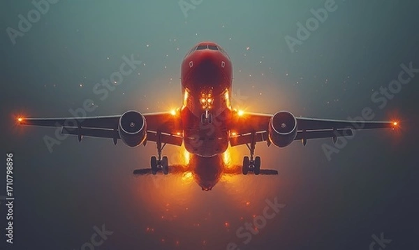 Fototapeta Airplane landing in a foggy twilight sky
