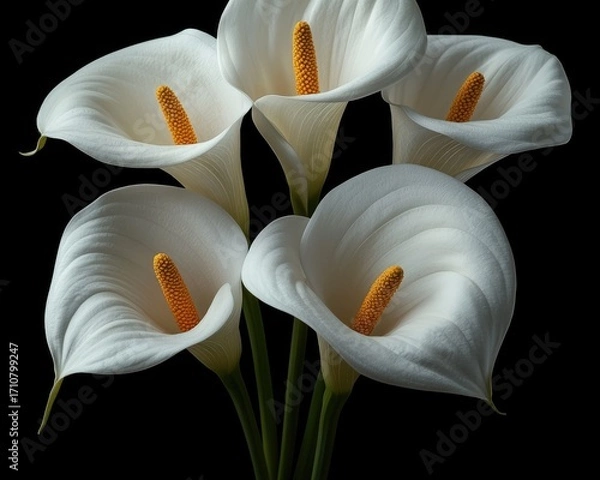 Fototapeta Close-up of five white Calla Lilies against black background.  Elegant and delicate