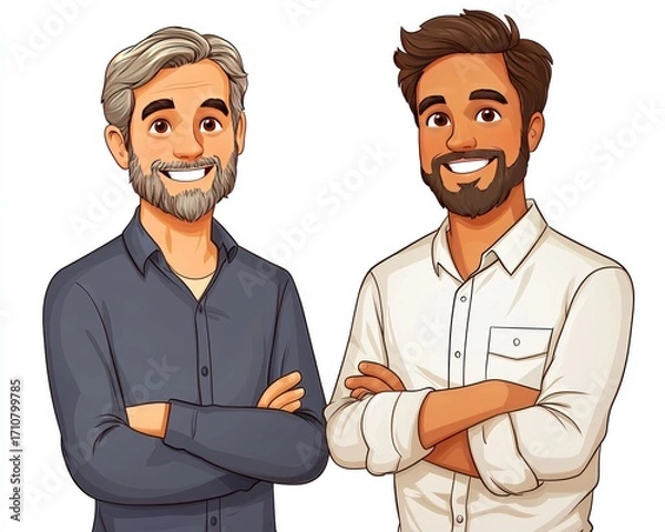 Fototapeta Two cartoon men standing side by side, smiling and confident