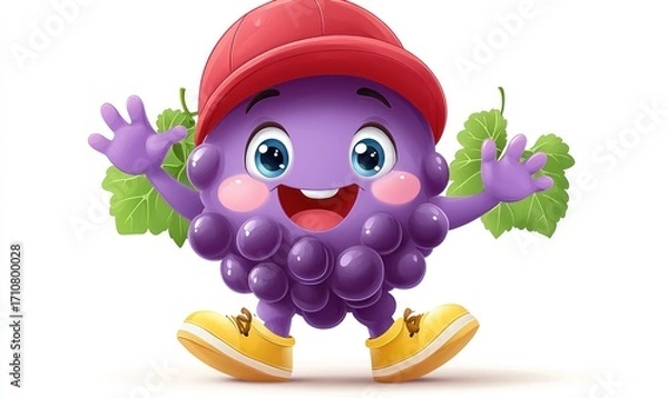 Fototapeta Cartoon grape character wearing a hat and waving