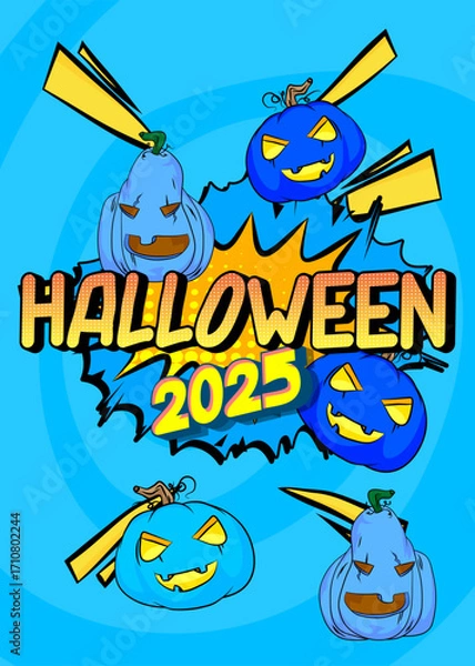 Fototapeta Cartoon Halloween 2025, comic book invitation. Retro vector comics pop art design.
