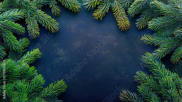 Fototapeta Close-up of natural pine tree branches with detailed green needles and pine cones on a dark background