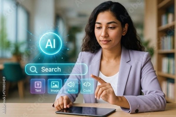 Obraz Innovative ai search techniques modern office setting digital interaction professional environment close-up view technology trends