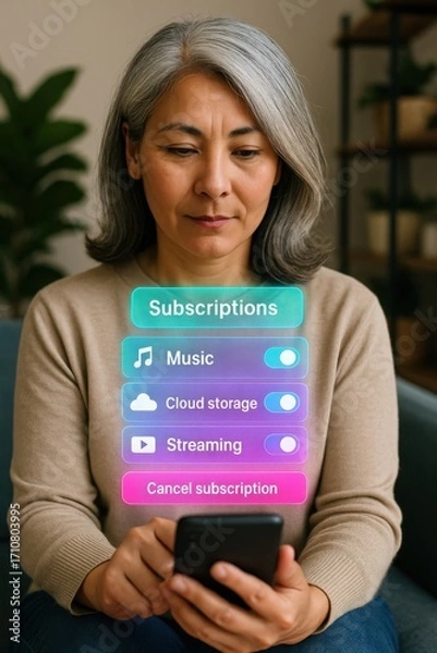 Obraz Managing digital subscriptions a senior woman navigates options at home mobile interaction modern lifestyle personal finance