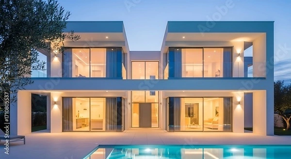 Fototapeta Modern luxury villa with swimming pool at dusk