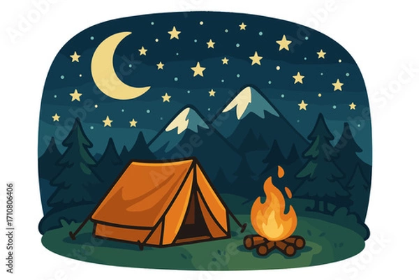 Fototapeta Night camping scene with tent and campfire in mountains under starry sky. Vector cartoon illustration of outdoor adventure, hiking, and travel in nature. Summer camp concept.
