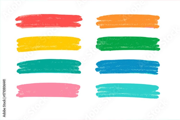 Fototapeta Colorful crayon brush strokes set. Hand drawn chalk pen highlight collection. Rough texture kid's art underline for accent and emphasis. Vector graphic design elements.
