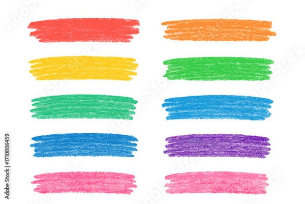 Fototapeta Hand drawn crayon brush stroke collection. Colorful childish chalk underline & highlight set. Rough textured kid art pen strokes for accent or emphasis. Rainbow vector pack.
