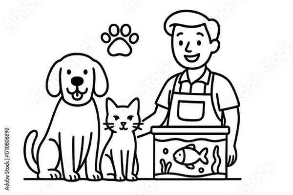 Fototapeta Pet shop attendant with dog, cat, and fish in an aquarium. Vector line art concept for pet care, animal shelter, or vet clinic. Happy cartoon character with pets.