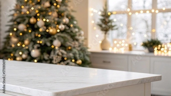 Fototapeta Marble Countertop in Cozy Christmas Interior. Bright kitchen with marble surface, festive Christmas tree, and warm lights in background creating a cozy holiday atmosphere