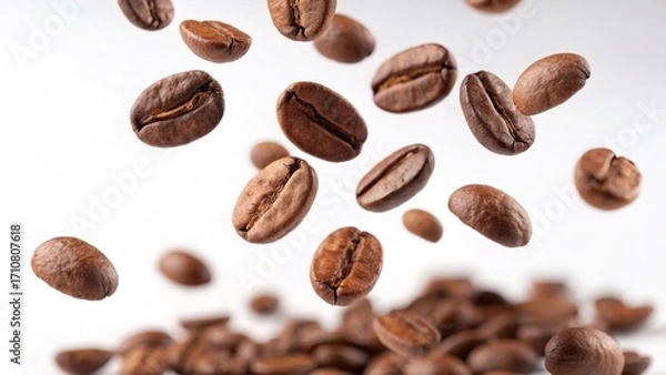 Fototapeta Flying Coffee Beans Isolated on White Background. Roasted coffee beans captured in mid-air against a white background, symbolizing freshness, aroma, and energetic coffee culture