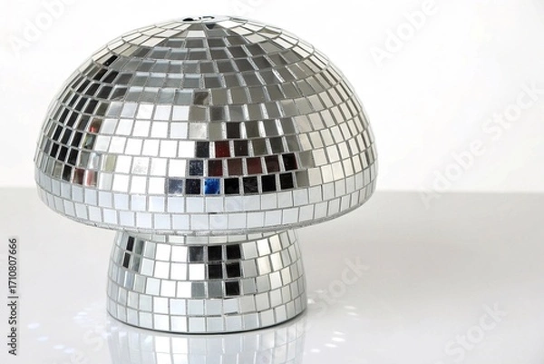 Fototapeta Mirror Disco Mushroom Decoration on White Background. Reflective mushroom-shaped ornament covered in mirror tiles, combining retro disco style with modern decorative design on white surface