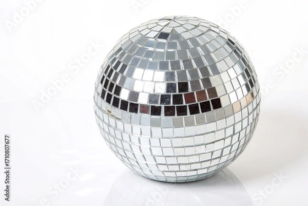 Fototapeta Shiny Silver Disco Ball Isolated on White Background. Reflective silver disco ball with mirrored tiles placed on a white background, symbolizing dance, retro parties, and celebration themes