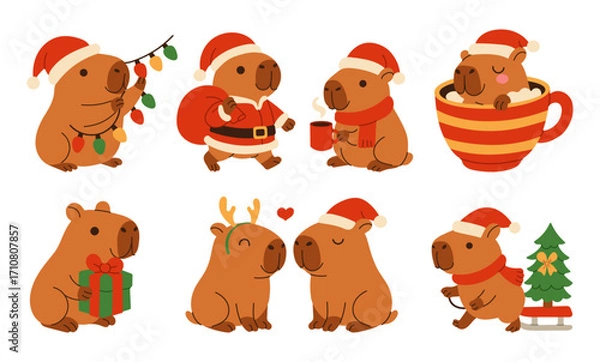 Fototapeta A set of cute cartoon animals wearing Santa hats and Christmas clothing. Some of the animals are holding gifts, while others are drinking coffee or sitting in front of a Christmas tree