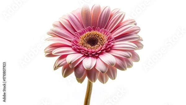 Fototapeta Pink gerbera daisy flower isolated on white. Closeup of a vibrant pink gerbera daisy with detailed petals, isolated on white background, ideal for floral and botanical themes