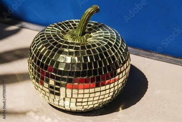 Fototapeta Golden Mirror Mosaic Pumpkin Decoration in Sunlight. Reflective golden pumpkin made of mirror tiles sitting in sunlight with bold shadows, creating a modern and festive aesthetic
