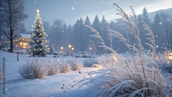 Fototapeta Cozy cabin with Christmas tree in snowy landscape. Frosty winter scene featuring a decorated Christmas tree near a glowing cabin, surrounded by snow-covered grass and forest