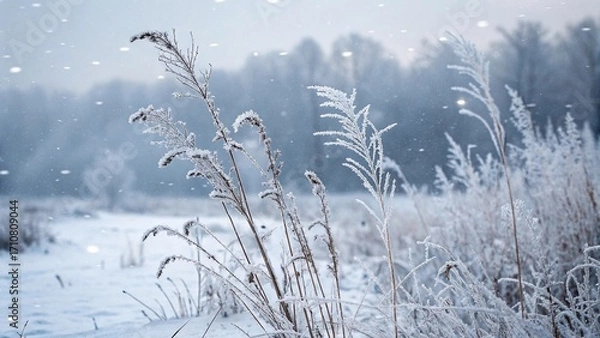 Fototapeta Winter Landscape with Frosty Grass and Snowfall. Frozen grass in snowy field during gentle snowfall, with a misty forest background creating a peaceful winter scene