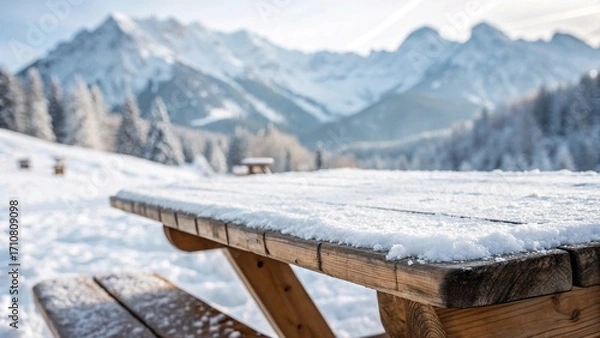 Fototapeta Snow-covered picnic table in alpine mountains. Wooden picnic table dusted with fresh snow, set in a scenic winter mountain landscape with pine trees and distant peaks