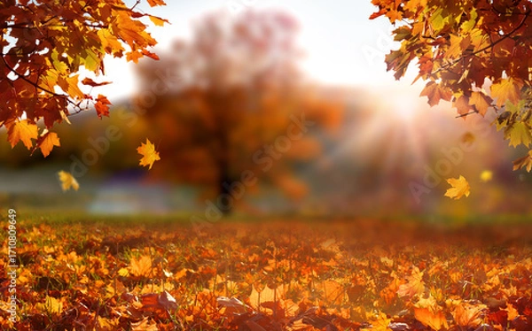 Fototapeta Colorful forest in sunlight. Autumn landscape with yellow trees and sun. Beautiful foliage in the park. 