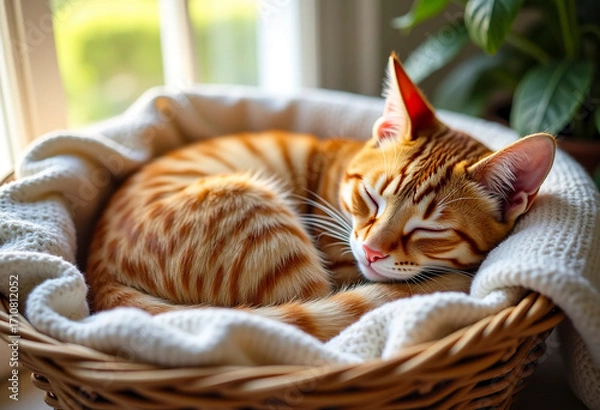 Obraz A graceful ginger cat curled up and sleeping in a cozy wicker basket, soft blanket, morning sunbeam, peaceful and warm