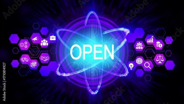 Obraz Glowing neon atom structure with word O P E N and business icons abstract atomic