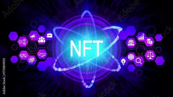 Obraz Neon N F T digital art with interconnected business icons and atomic structure non-fungible token cryptocurrency