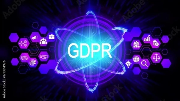 Obraz G D P R data protection concept with glowing atom and digital icons GDPR privacy