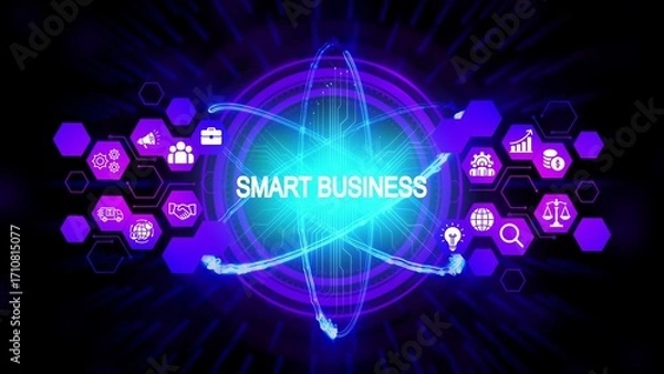Obraz Glowing neon atom nucleus with smart business icons and text abstract technology