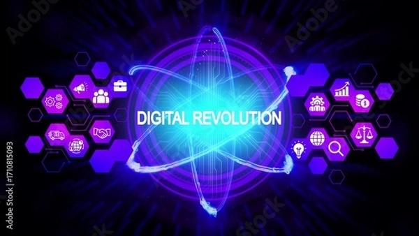 Obraz Glowing digital atom with icons representing business and technology concepts on a dark background digital revolution