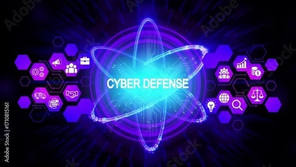 Obraz Glowing atom with cyber defense text and interconnected icons technology security