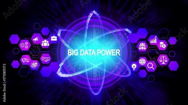 Obraz Glowing atom nucleus with text B I G D A T A P O W E R surrounded by purple hexagons and business icons