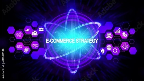 Fototapeta Digital e commerce strategy with glowing atom and business icons digital marketing online business