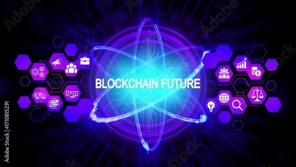Fototapeta Abstract digital atom with blockchain future text and hexagonal icons technology