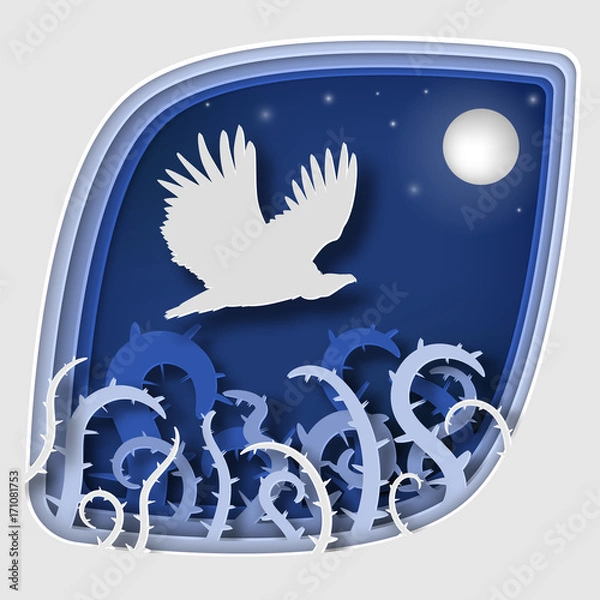 Fototapeta Paper art carve to bird on tree branch in forest at night, origami concept nature and animals idea, vector art and illustration.