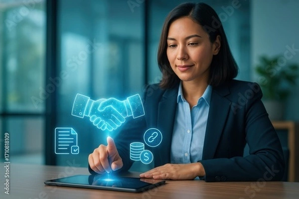 Fototapeta a businesswoman interacting with a virtual agreement interface