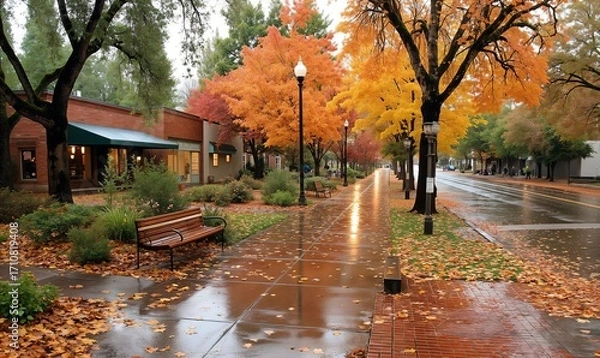 Fototapeta Rainy Autumn Street Scene with Vibrant Leaves, Reflective Pavement, and Calming Atmosphere.