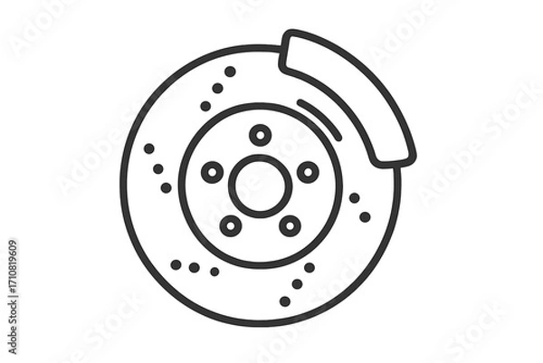 Fototapeta Brake disc icon. Automobile braking system symbol. Car service and repair part. Vehicle safety element. Mechanical spare part. Linear outline vector illustration of a rotor and caliper.