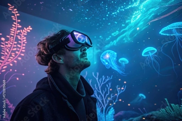 Fototapeta Exploring a Virtual Underwater World With Immersive Technology at Night