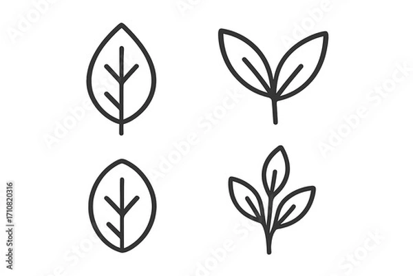 Fototapeta Simple leaf line icon set. Plant, foliage and branch symbols. Minimalist outline vector graphic for eco, organic, bio, and vegan concepts. Natural growth sprout illustration.
