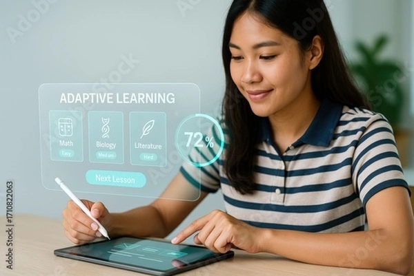 Fototapeta young woman using tablet with adaptive learning software interface. She is focused, the technology assists her studies.