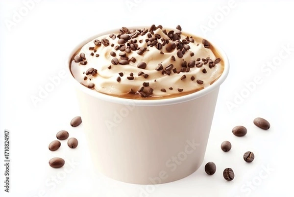 Fototapeta Coffee with cream in a white cup with coffee beans and chocolate, on a white background