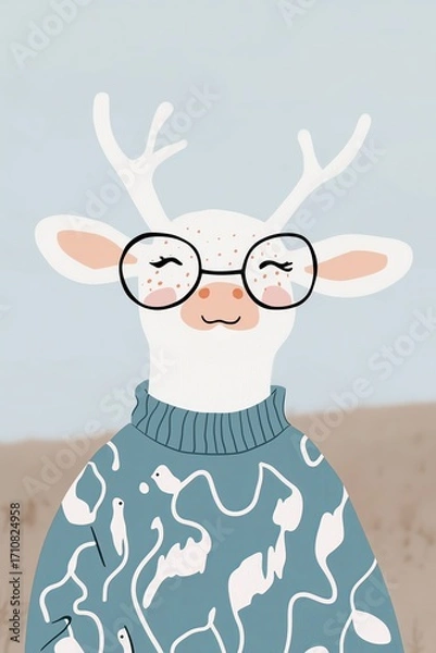 Fototapeta Vector illustration of a cute reindeer in a sweater on a light background