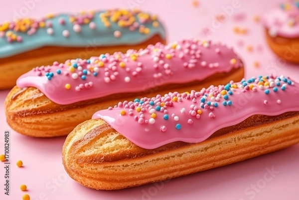 Fototapeta Bakery banner background of eclairs colorful topping on pink background