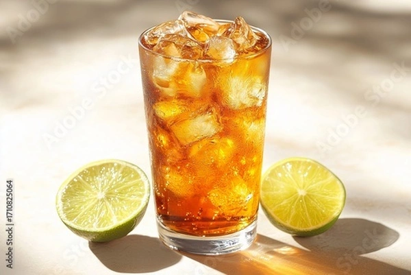 Fototapeta Glass of iced tea with lime on a white surface