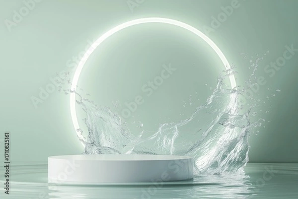 Fototapeta A white catwalk surrounded by clear water, with water splashing around it